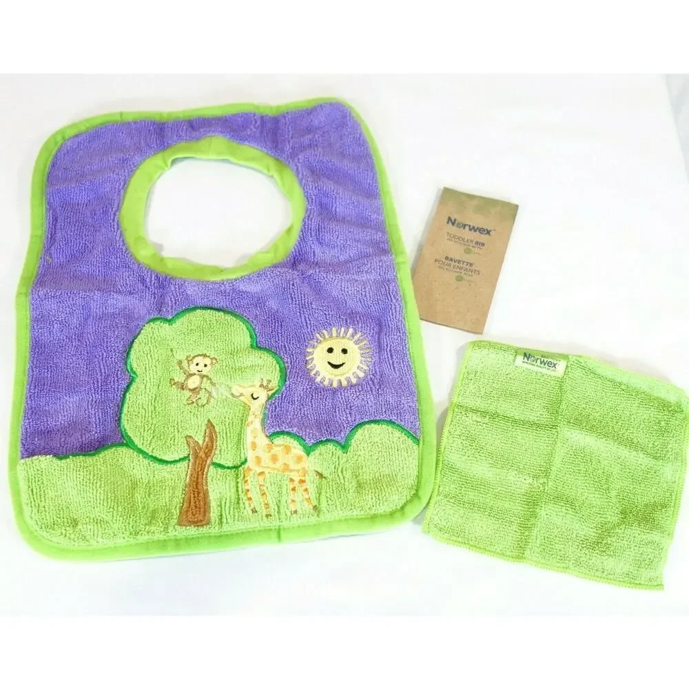 New Norwex Baby Bib Yellow Sunshine & Purple Tree +Washcloth Set of 2 Microfiber